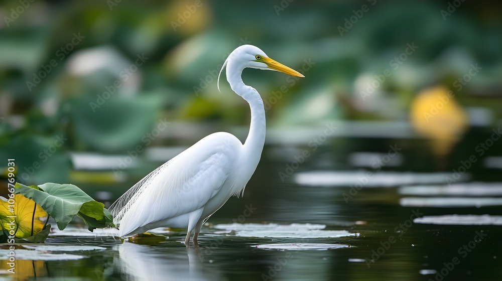 Great white egret wading through lotus pond with yellow water lily flowers and green lily pads in tranquil nature scene, copy space Great white egret wading through lotus pond with yellow water lily flowers and green lily pads in tranquil nature scene, copy space