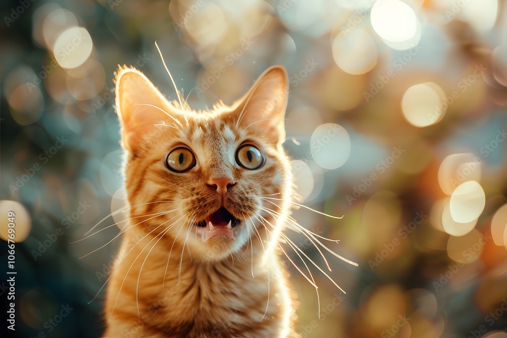 A ginger cat with wide eyes stares at something with a shocked expression. A ginger cat with wide eyes stares at something with a shocked expression.