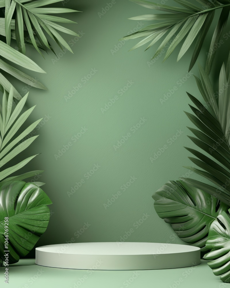 Green leaves framing a circular platform against a smooth pastel background. Green leaves framing a circular platform against a smooth pastel background.