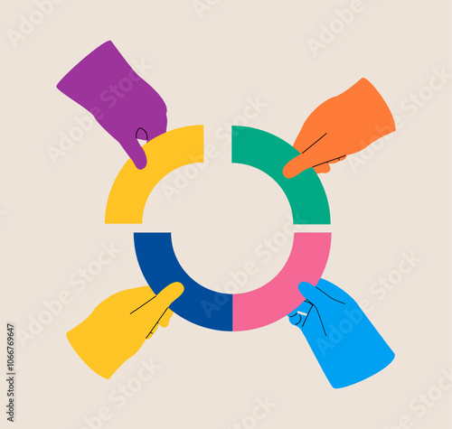 Hands puts part structure. Orderly system, structure. Conceptual planning. Colorful vector illustration