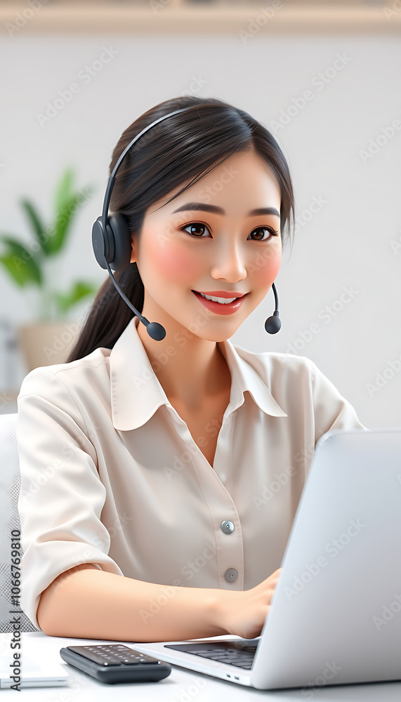 Smiling Asian Customer Support Agent with Headset at Laptop, Generative Ai Smiling Asian Customer Support Agent with Headset at Laptop, Generative Ai