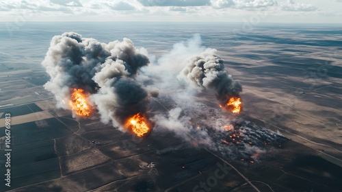 Aerial view of military aircraft releasing bombs on distant target, smoke and fire erupting from ground, intense action amidst cloudy sky