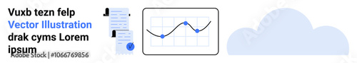 Graph with fluctuating line data, documents with texts and icons, and a blue cloud. Ideal for business analytics, data visualization, document management, cloud storage solutions, corporate