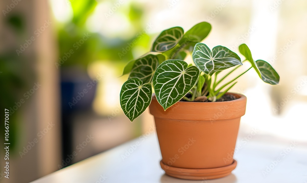 Lush green leaves with intricate patterns burst from a small terracotta pot, Generative AI Lush green leaves with intricate patterns burst from a small terracotta pot, Generative AI