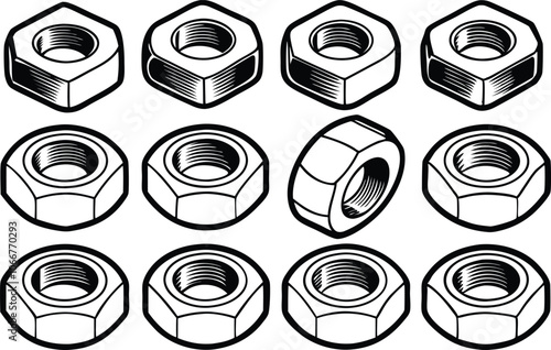 Set of Black Metal Nuts Isolated on White Background, Industrial Hardware Elements.