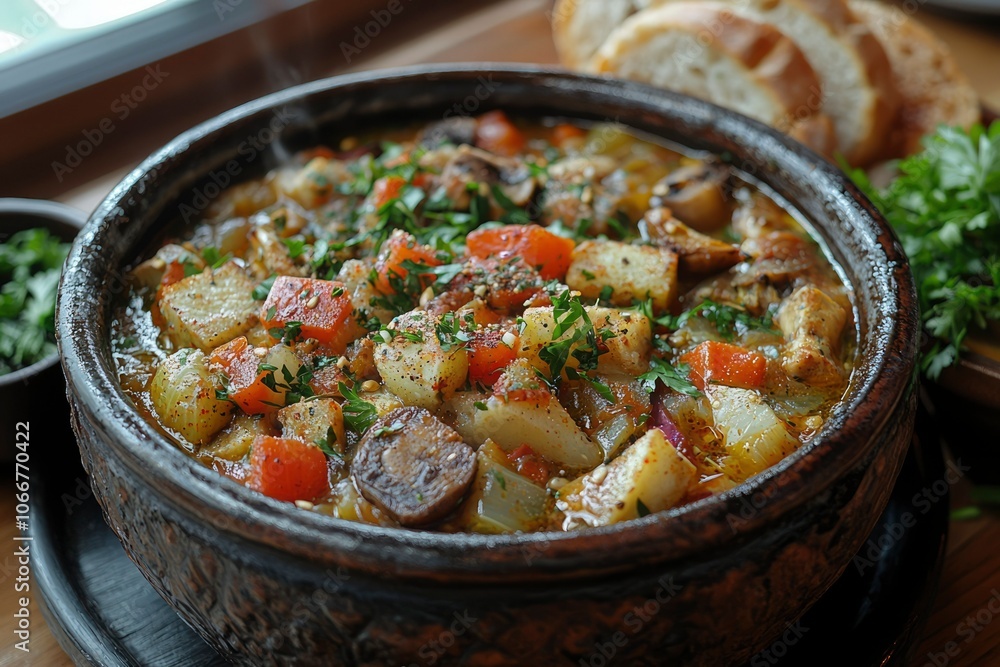 Steaming Clay Pot of Vegetable and Meat Stew with Herbs Steaming Clay Pot of Vegetable and Meat Stew with Herbs