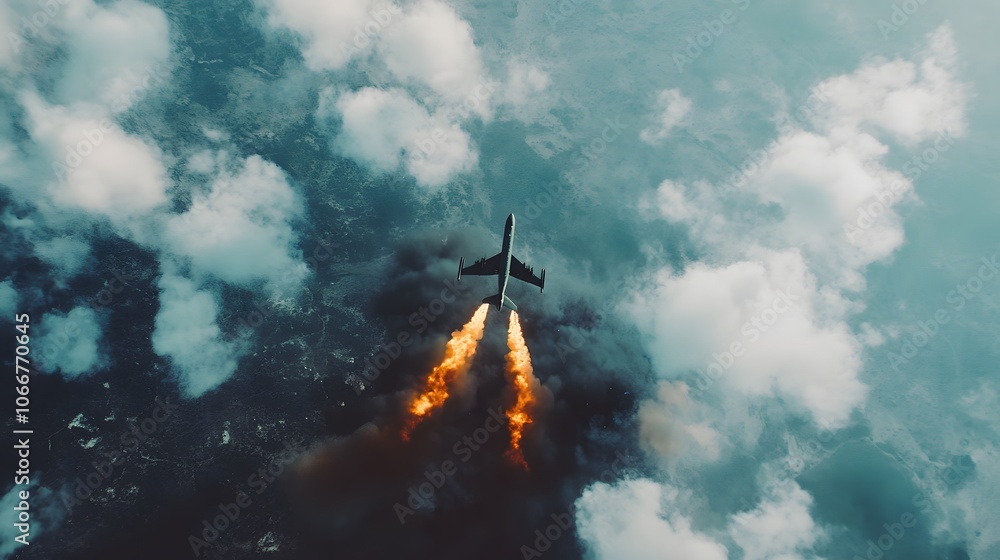 Obraz premium Aerial view of military aircraft releasing bombs on distant target, smoke and fire erupting from ground, intense action amidst cloudy sky