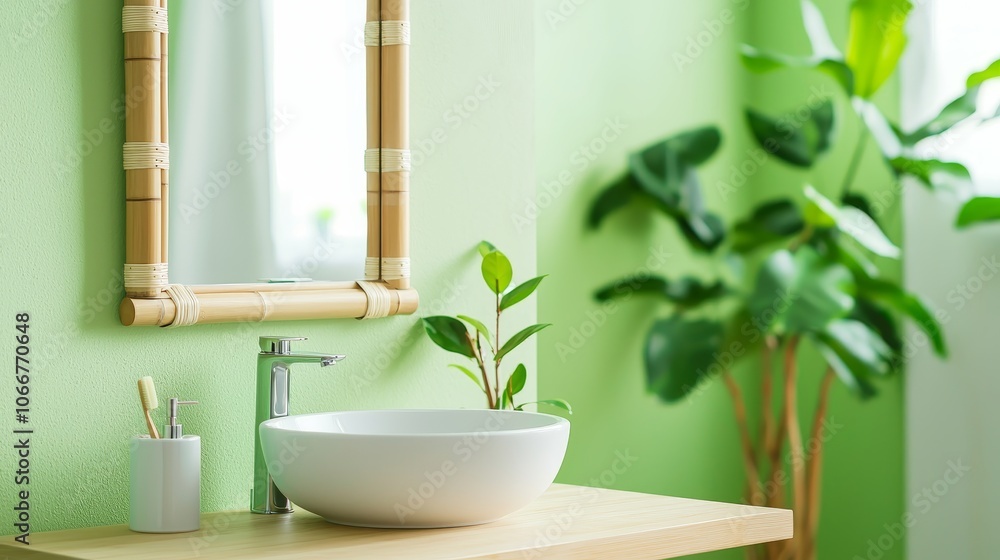 Fototapeta premium A modern bathroom with a green accent wall, bamboo mirror, white sink, and indoor plant, creating a fresh and natural ambiance.