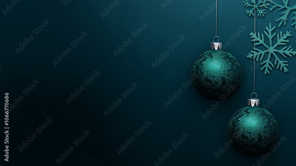 Decorative green Christmas ornaments and snowflakes hanging against a dark background during the holiday season Decorative green Christmas ornaments and snowflakes hanging against a dark background during the holiday season