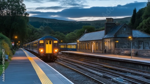 Train Approaching Station at Dusk in Scenic Landscape