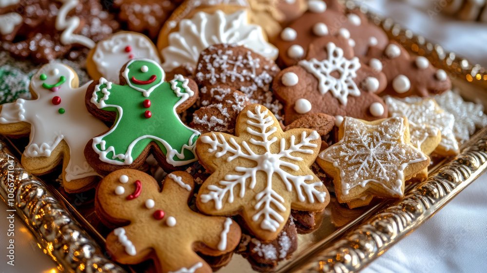 Homemade iced gingerbread men and cookies on a gold tray Homemade iced gingerbread men and cookies on a gold tray