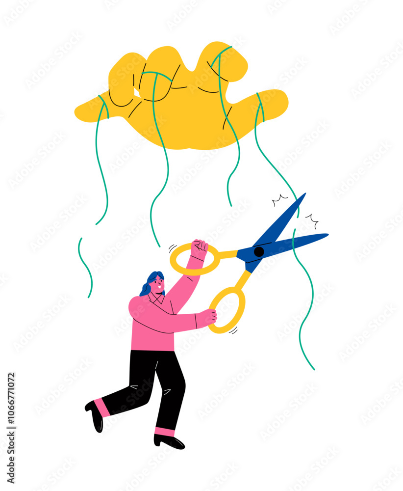 Human puppet release, business woman liberation, Hand using scissors to cut controlled strings. Flat vector illustration isolated on white background