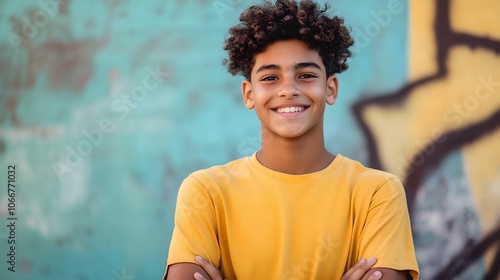 Smiling black teenage boy in yellow t-shirt standing confidently with arms crossed in front of a colorful graffiti wall, outdoor urban setting, copy space