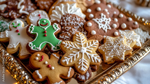 Homemade iced gingerbread men and cookies on a gold tray