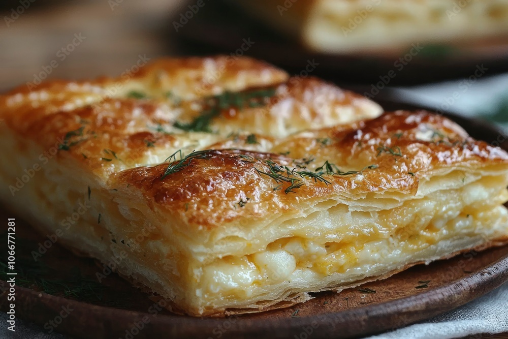 Close-up of a Flaky Pastry Filled with Cheese and Topped with Dill Close-up of a Flaky Pastry Filled with Cheese and Topped with Dill