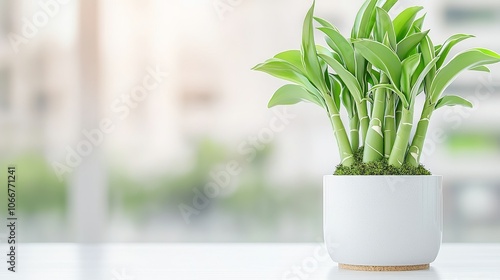 A fresh green potted plant in a white pot, set against a blurred background, adding a touch of nature to an indoor space.