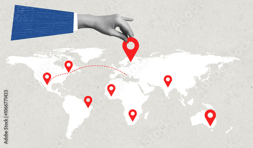 A finance businessman hand pointing the pin on world map. Many check-ins points. Delivery, destinations, strategies, navigation concept.