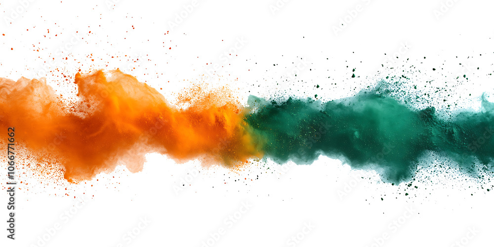 Colored powder explosion on a white background. Abstract closeup dust on backdrop. Colored powder explosion on a white background. Abstract closeup dust on backdrop.