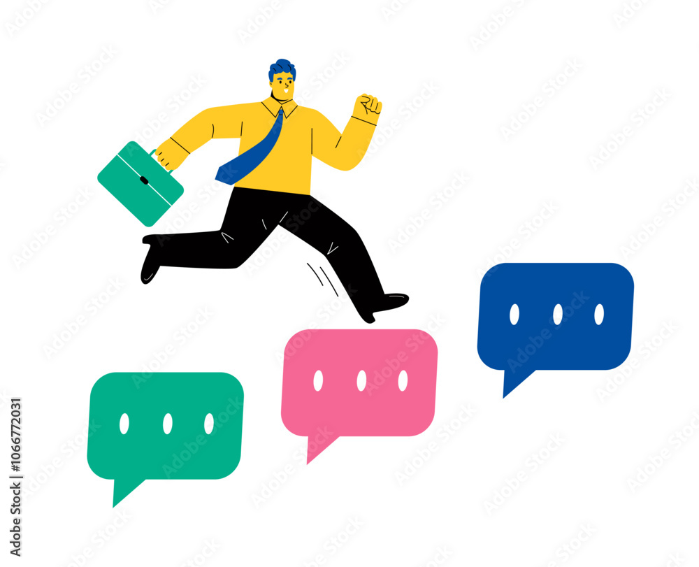 Communication to support concept. Business man jumping on suggestion speech bubble. Flat vector illustration isolated on white background Communication to support concept. Business man jumping on suggestion speech bubble. Flat vector illustration isolated on white background