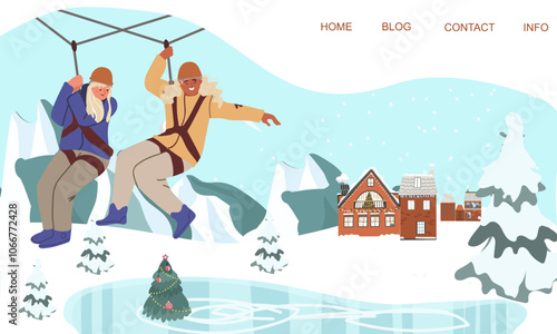 Family Winter Activity Holidays. Zipline. Landing pages template. Flat vector illustration, hand drawn art.