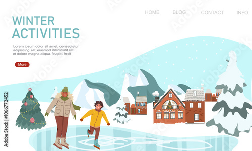 Family Winter Activity Holidays. Ice skating, walking. Landing pages template. Flat vector illustration, hand drawn art.