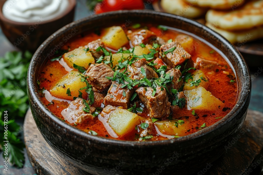 Close-up of a Bowl of Beef and Potato Stew with Parsley Garnish Close-up of a Bowl of Beef and Potato Stew with Parsley Garnish