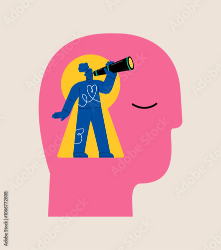 Woman using telescope to look into the distance Self-discovery. Colorful vector illustration
