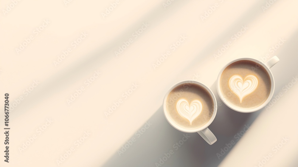 Two cappuccino cups sit together on a table, featuring lovely heart designs in the frothy milk, inviting a moment of relaxation in a warm environment Two cappuccino cups sit together on a table, featuring lovely heart designs in the frothy milk, inviting a moment of relaxation in a warm environment