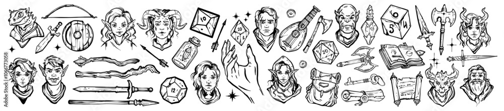 Fototapeta premium Fantasy game doodle set, vector dungeon dragon RPG character avatar face, warrior weapon, hero dice. Fairy tale legend items, elf woman face, dwarf, sword, spell book, axe. Fantasy game icon design