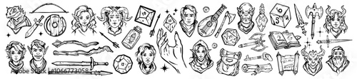 Fantasy game doodle set, vector dungeon dragon RPG character avatar face, warrior weapon, hero dice. Fairy tale legend items, elf woman face, dwarf, sword, spell book, axe. Fantasy game icon design