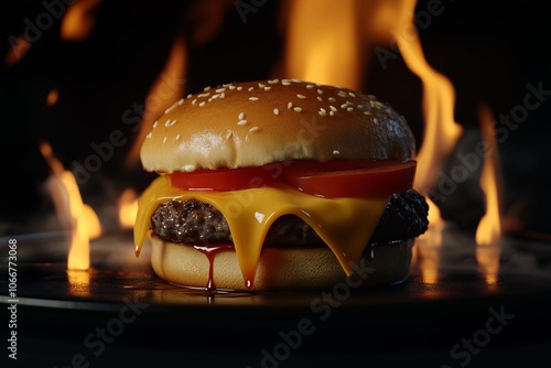 A juicy cheeseburger sits in front of a roaring fire, waiting to be devoured