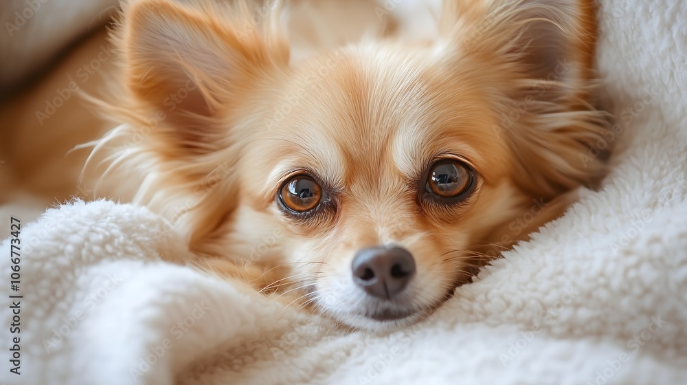 Close-up portrait of long-haired Chihuahua dog with cream and tan fur resting on white blanket, copy space Close-up portrait of long-haired Chihuahua dog with cream and tan fur resting on white blanket, copy space