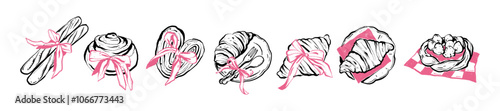French croissant doodle set, vector Paris bakery food hand drawn illustration, sweet pastry icons. France cafe menu design, tasty eatery coquettish logotype kit ribbon bow. French croissant breakfast