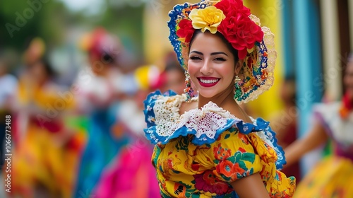 Portrait of smiling young Hispanic woman in traditional colorful Mexican folklorico dress and floral headdress performing at cultural festival