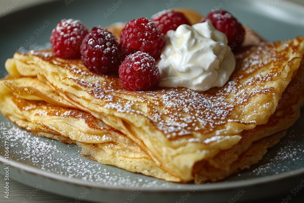 Stacked Pancakes with Whipped Cream and Raspberries Stacked Pancakes with Whipped Cream and Raspberries