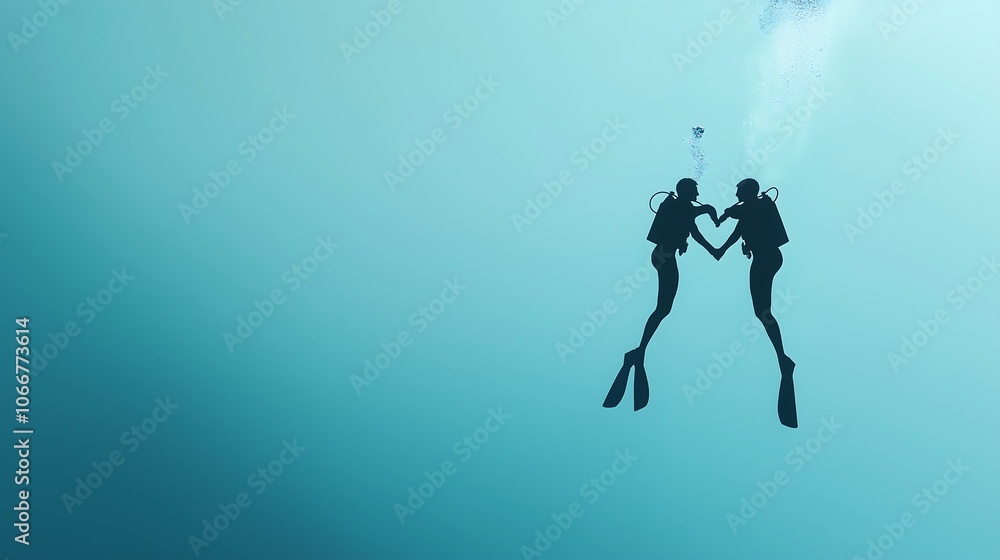 Underwater, two divers create a heart shape with their arms, showcasing a moment of connection and joy while surrounded by the serene blue depths Underwater, two divers create a heart shape with their arms, showcasing a moment of connection and joy while surrounded by the serene blue depths