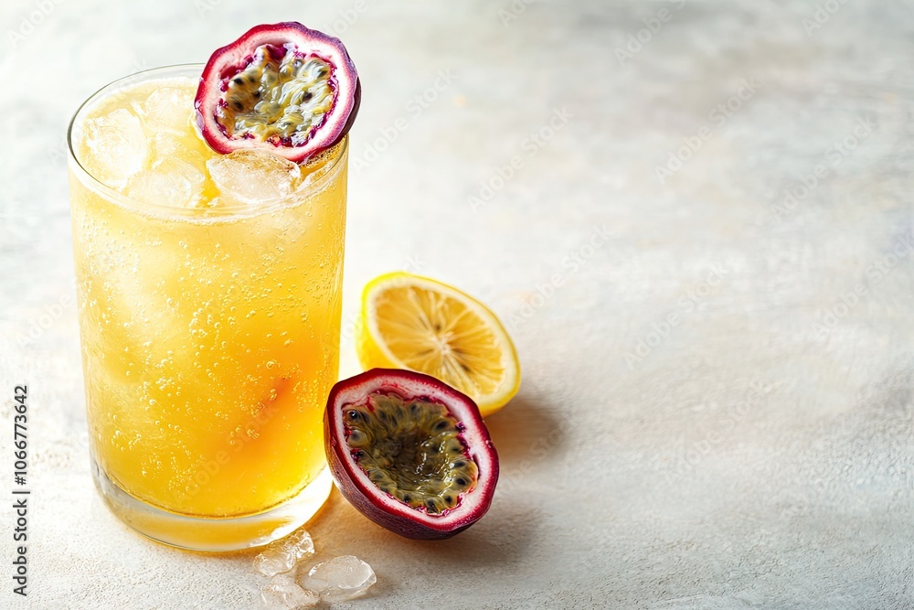 glass of Iced passion fruit soda with lemon and passion fruit half slice on a light background, refreshing drink or beverage with ice, place for tex glass of Iced passion fruit soda with lemon and passion fruit half slice on a light background, refreshing drink or beverage with ice, place for tex