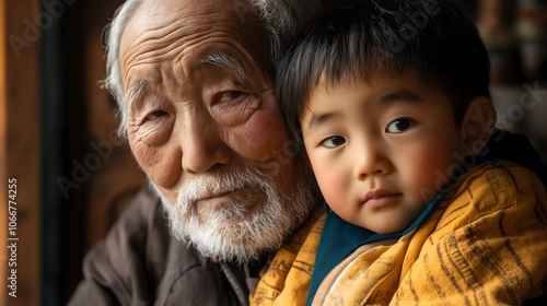 Intergenerational family portrait of Asian grandfather and young grandson wearing yellow jacket in intimate indoor setting with dramatic side lighting, copy space