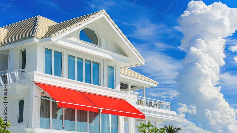 Luxury home in beach city, white finish with cream roof and red awning.