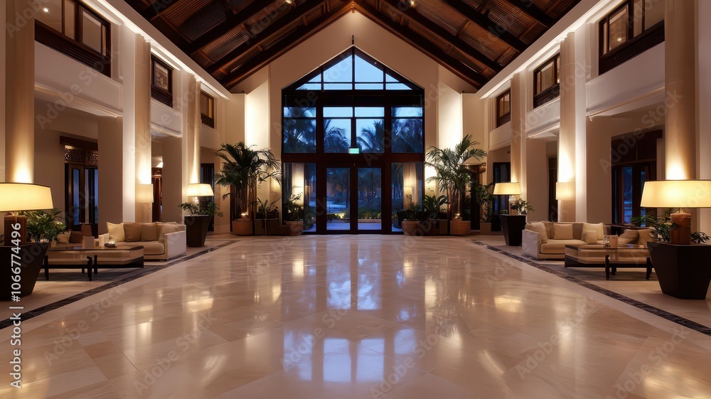 Elegant hotel lobby featuring stylish designer furniture and modern decor for a luxurious guest experience. Elegant hotel lobby featuring stylish designer furniture and modern decor for a luxurious guest experience.