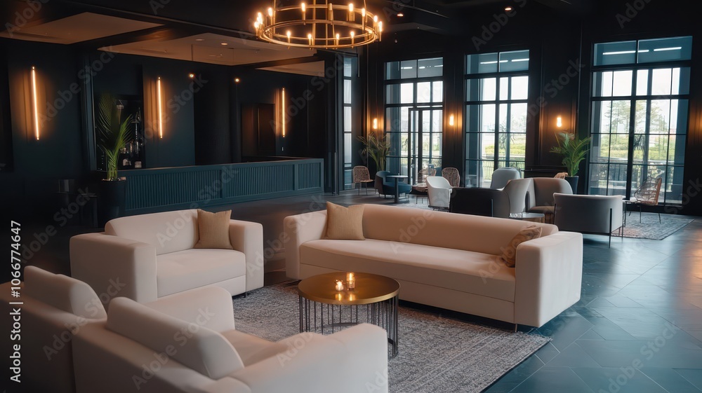 Fototapeta premium Elegant hotel lobby featuring stylish designer furniture and modern decor for a luxurious guest experience.