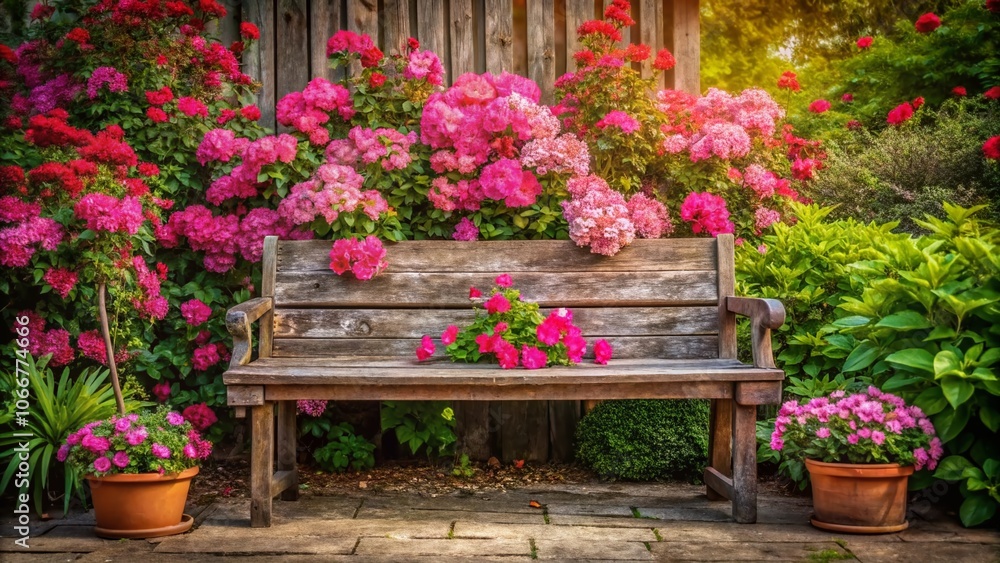 Fototapeta premium Wooden Bench Surrounded by Delicate Pink Flowers on Transparent Background for Nature and Garden Decor