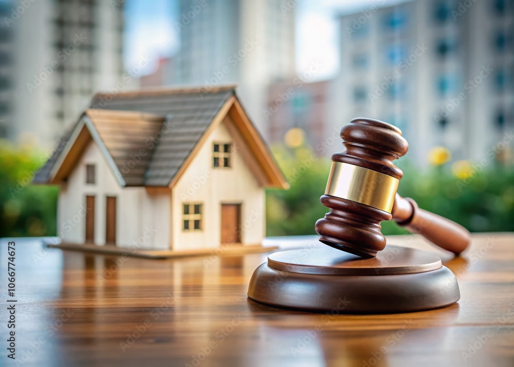 Wooden Gavel and House Model Symbolizing Real Estate Transactions on Table - Concept of Justice, Property, and Legal Proceedings in the Real Estate Industry Wooden Gavel and House Model Symbolizing Real Estate Transactions on Table - Concept of Justice, Property, and Legal Proceedings in the Real Estate Industry