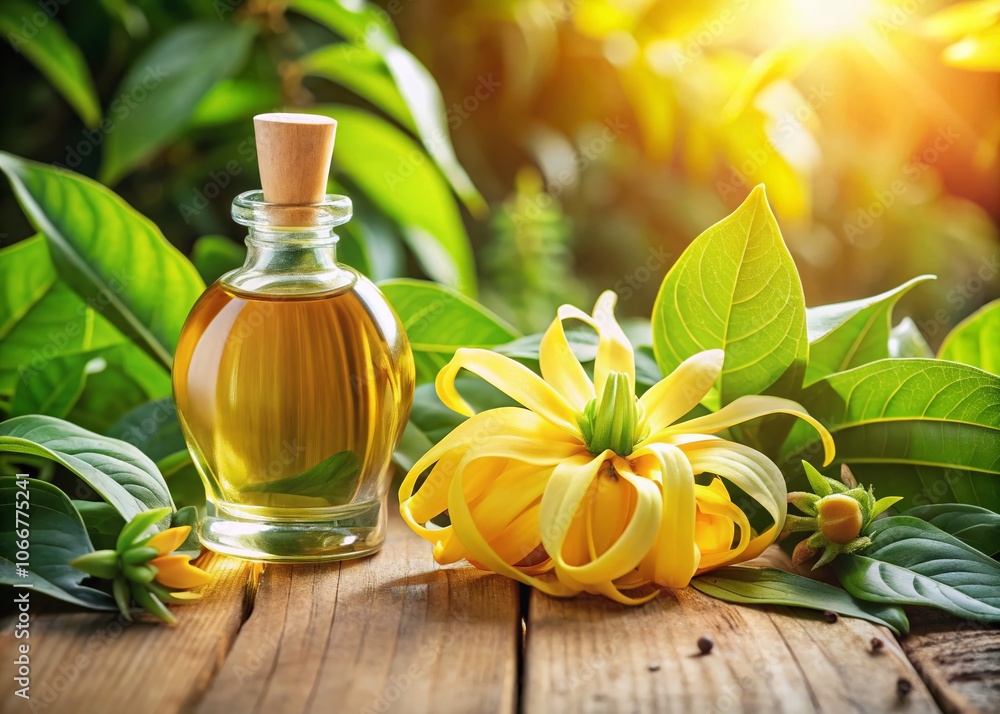 Ylang Ylang Oil with Fresh Ylang Ylang Flowers: Aromatic Essence in Beautiful Tropical Landscape Photography Ylang Ylang Oil with Fresh Ylang Ylang Flowers: Aromatic Essence in Beautiful Tropical Landscape Photography
