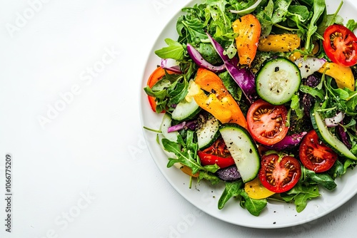 plate of salad with fresh vegetables isolated on white background, top view