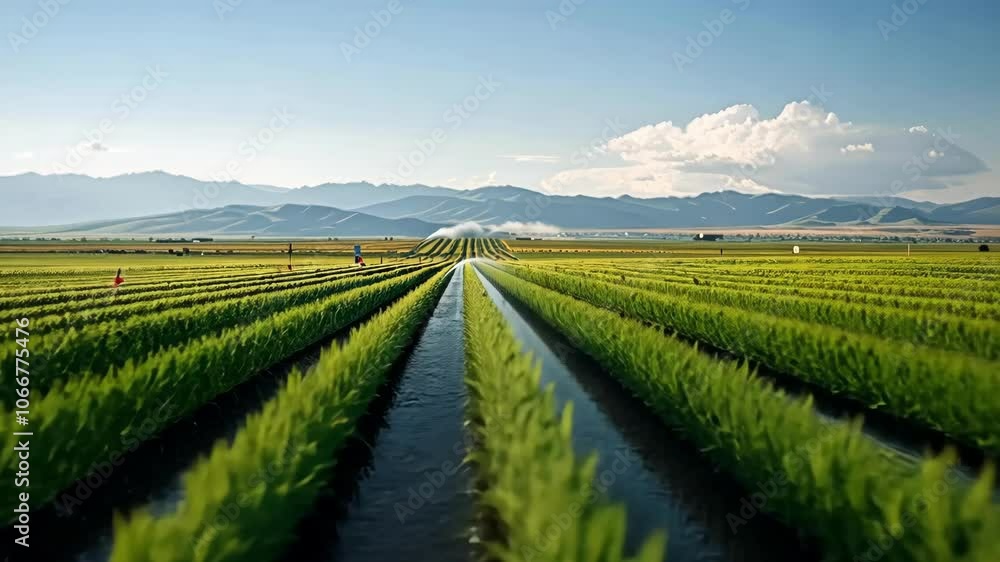 Sprawling farmland with a vibrant green crop field, an irrigation system glistening under the vast sky Sprawling farmland with a vibrant green crop field, an irrigation system glistening under the vast sky