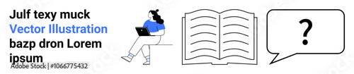 Woman sitting and working on a laptop. Open book alongside a speech bubble containing a question mark. Ideal for online education, learning resources, communication, writing, digital content, seeking