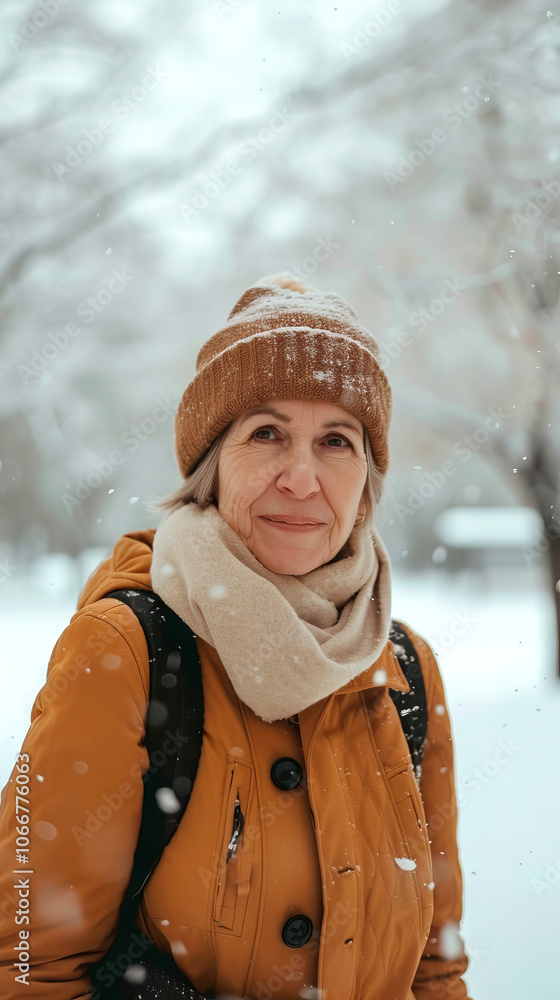 Fototapeta premium Elderly Caucasian Woman Enjoying Winter Snowfall Outdoors in Cozy Attire. Concept of Warm Clothing, Outdoor Activities, Senior Lifestyle, and Seasonal Weather. Vertical