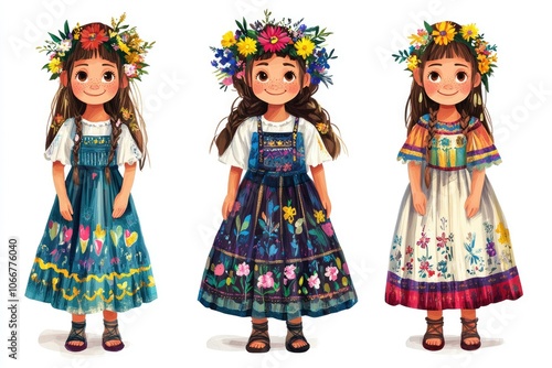 Three Young Girls in Colorful Traditional Dresses and Flower Crowns