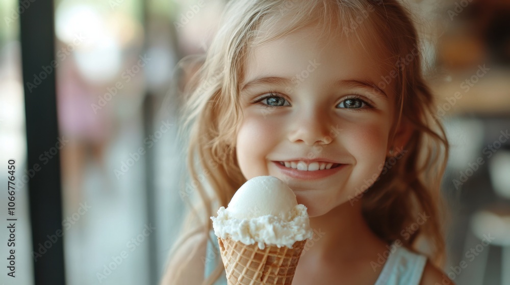 Smiling child holding ice cream cone, enjoying dessert, happy expression, casual outfit, delicious treat, childhood moment, fun indoors, sweet, happiness, indulgence, joyful